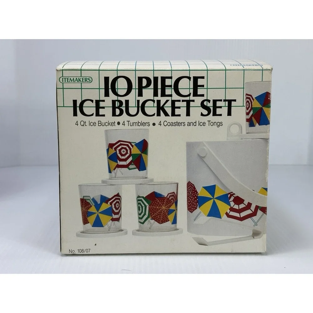 VTG ITEMAKERS 10 Pc Ice Bucket Set‎ 4 Tumblers 4 Coasters Tongs Umbrellas NOS 85